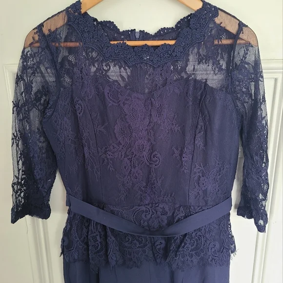 Shein Navy Blue Belted Lace Illusion Neckline Jumpsuit - Picture 3 of 7